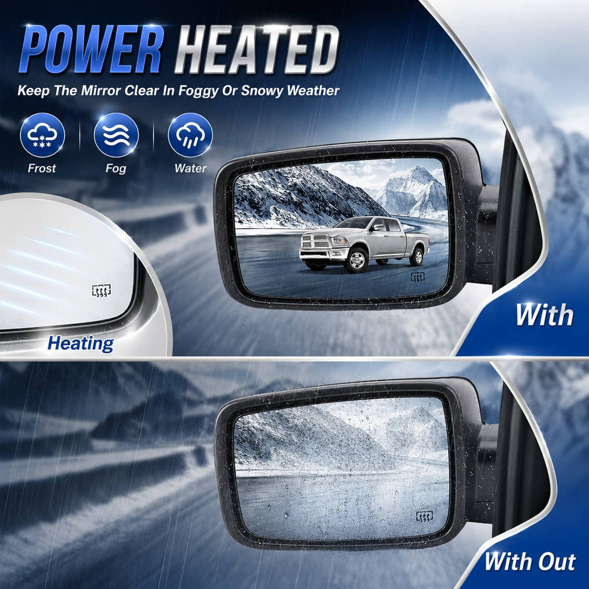 Power heated side mirror with clear glass, showing mist and water on glass