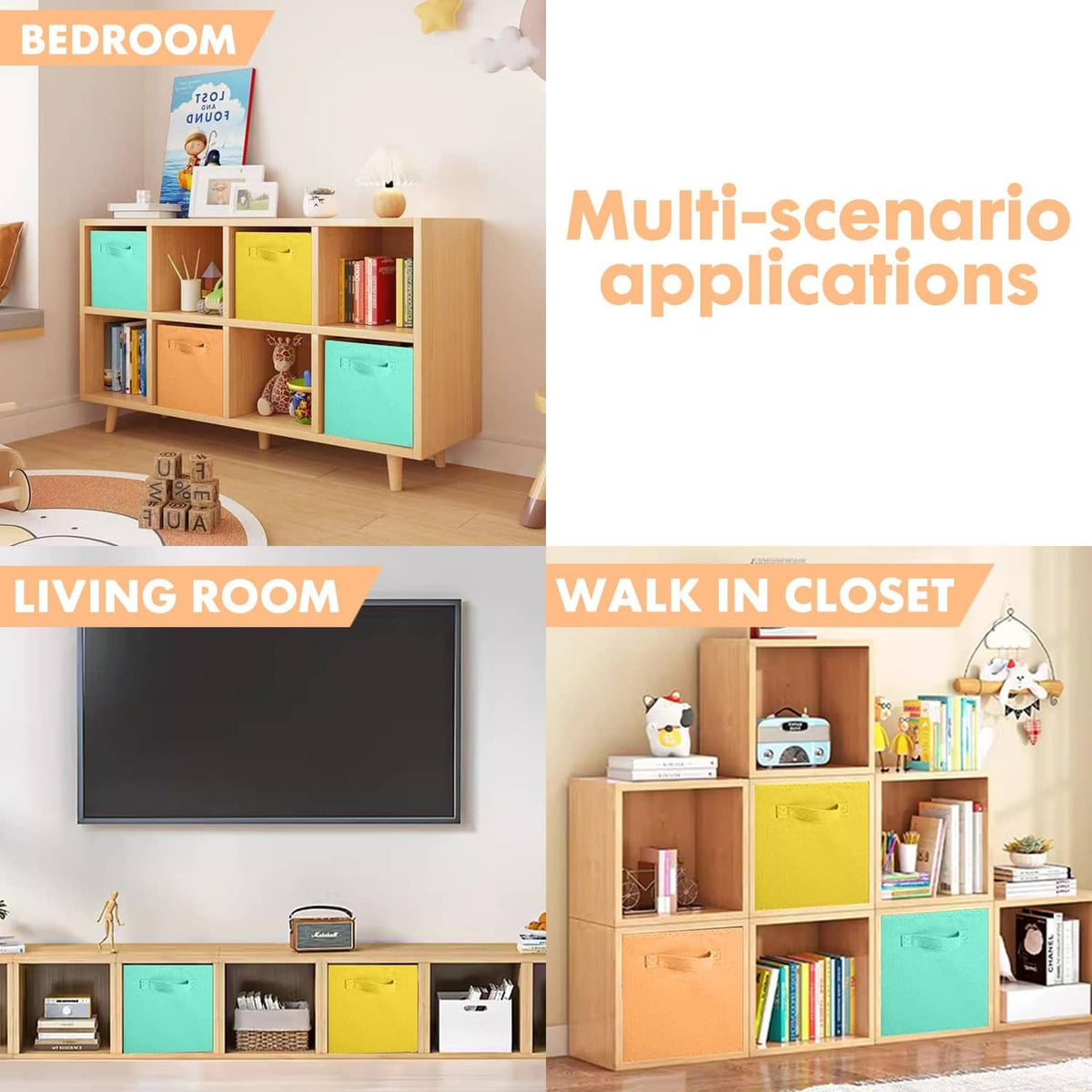 Foldable fabric storage bins, multicolor cubes shown in shelving unit