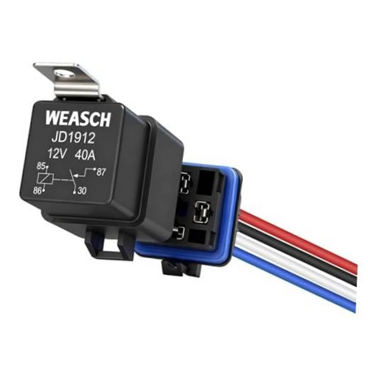 WEASCH waterproof 4-pin relay with blue socket and red/blue wires, metal mounting tab