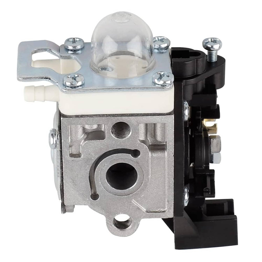 Carburetor assembly with intake cover, mounting hardware, and black fuel inlet