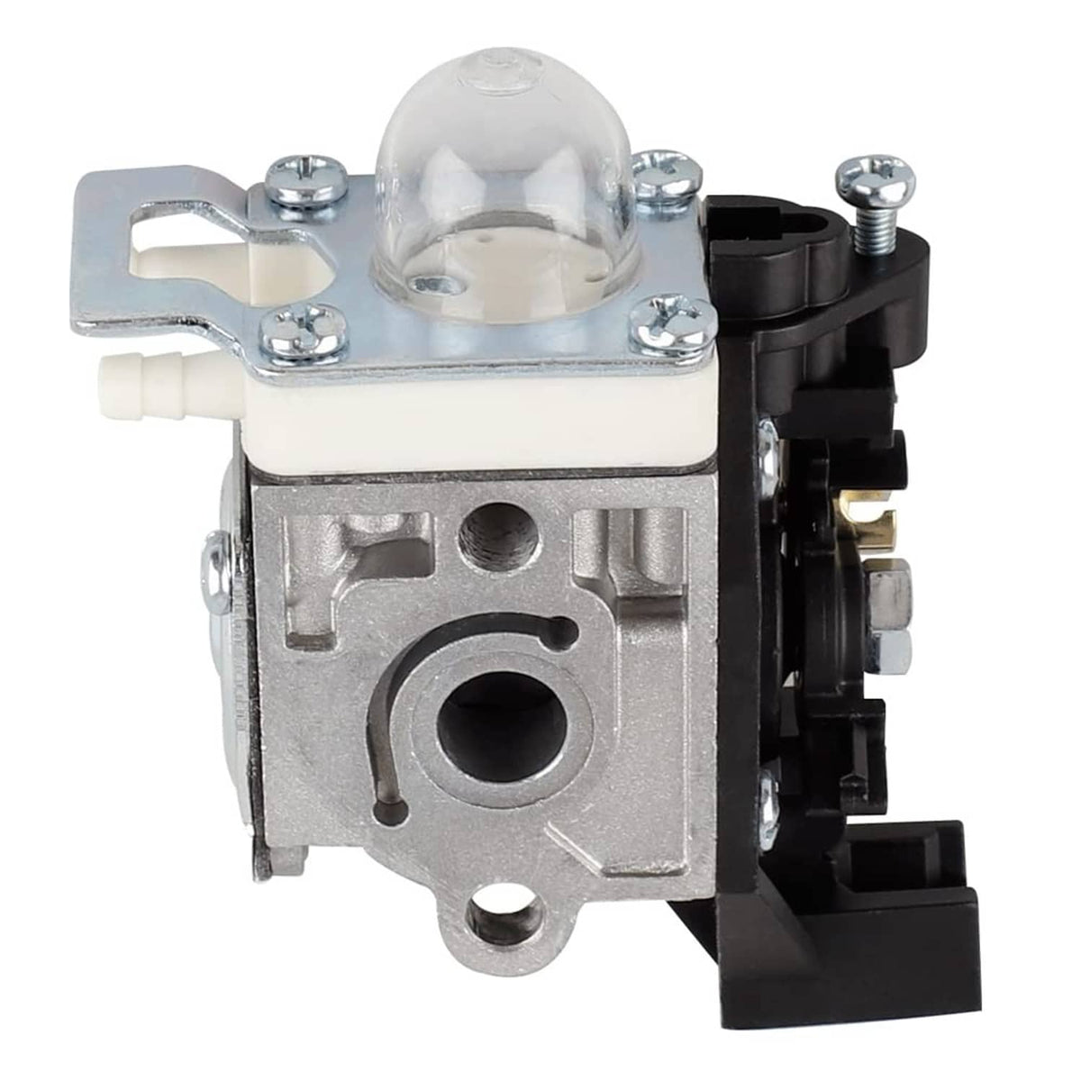 Carburetor assembly with intake cover, mounting hardware, and black fuel inlet
