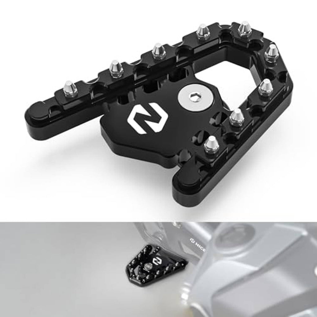 Black CNC brake footboard with hex bolts and N logo on mounting plate