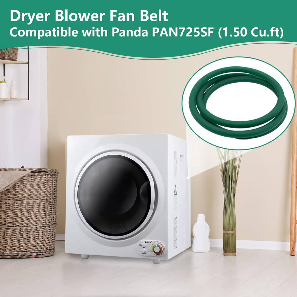 Green dryer blower fan belt shown with white compact dryer front