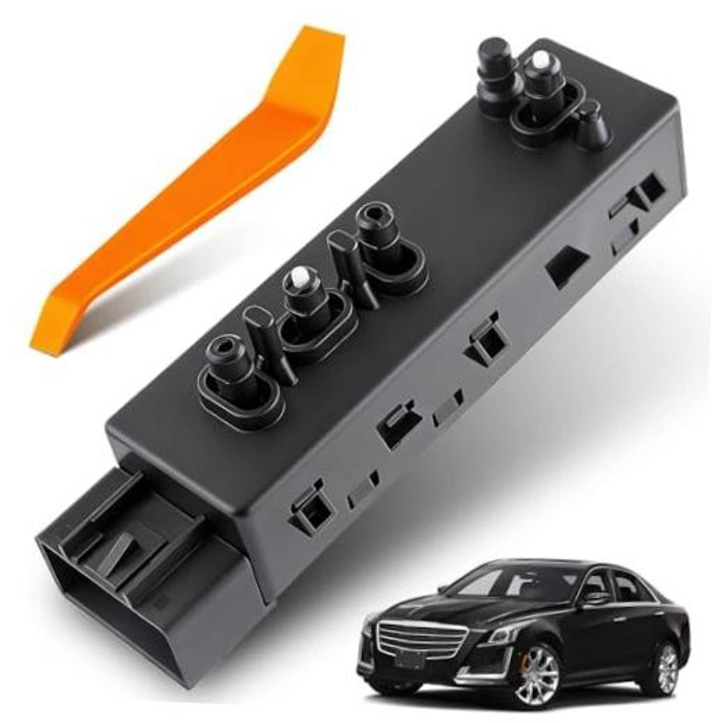 Black power seat switch module with button posts and multiple electrical ports