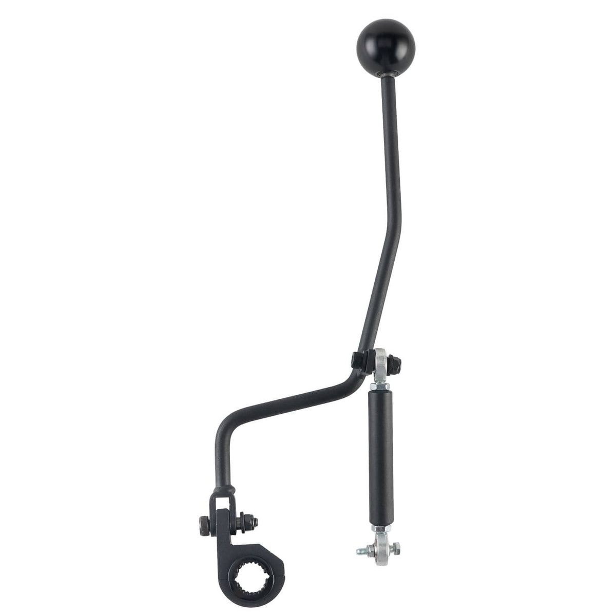 Black shifter linkage with round ball knob, cylinder adjuster, and bracket
