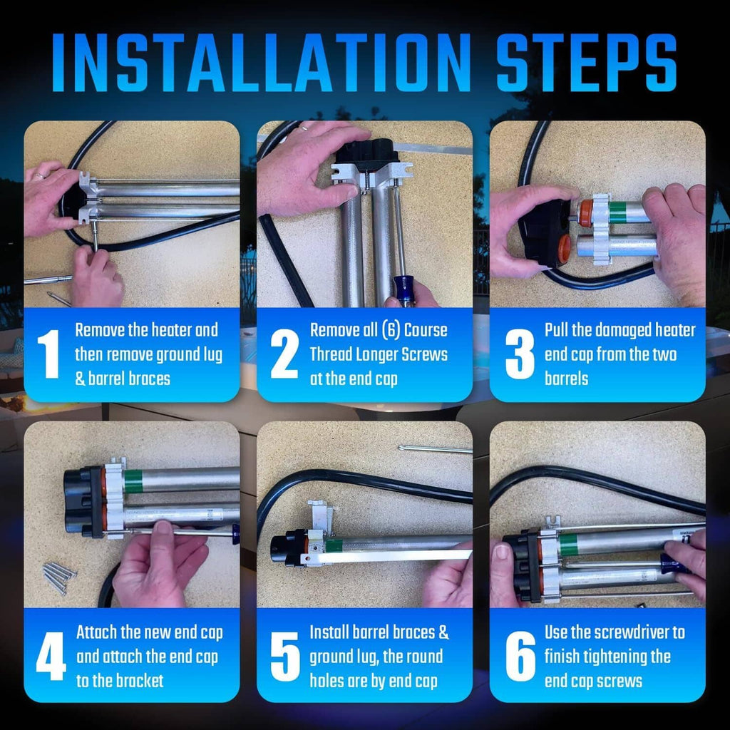 Hot tub heater end cap installation steps graphic with end cap and screws