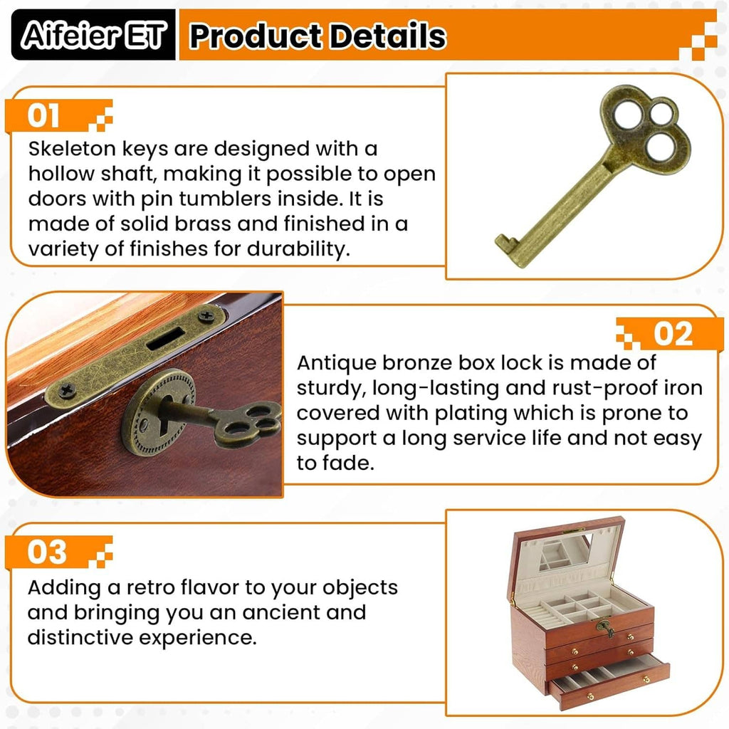 Antique bronze box-style cabinet lock with skeleton key and decorative mounting hardware