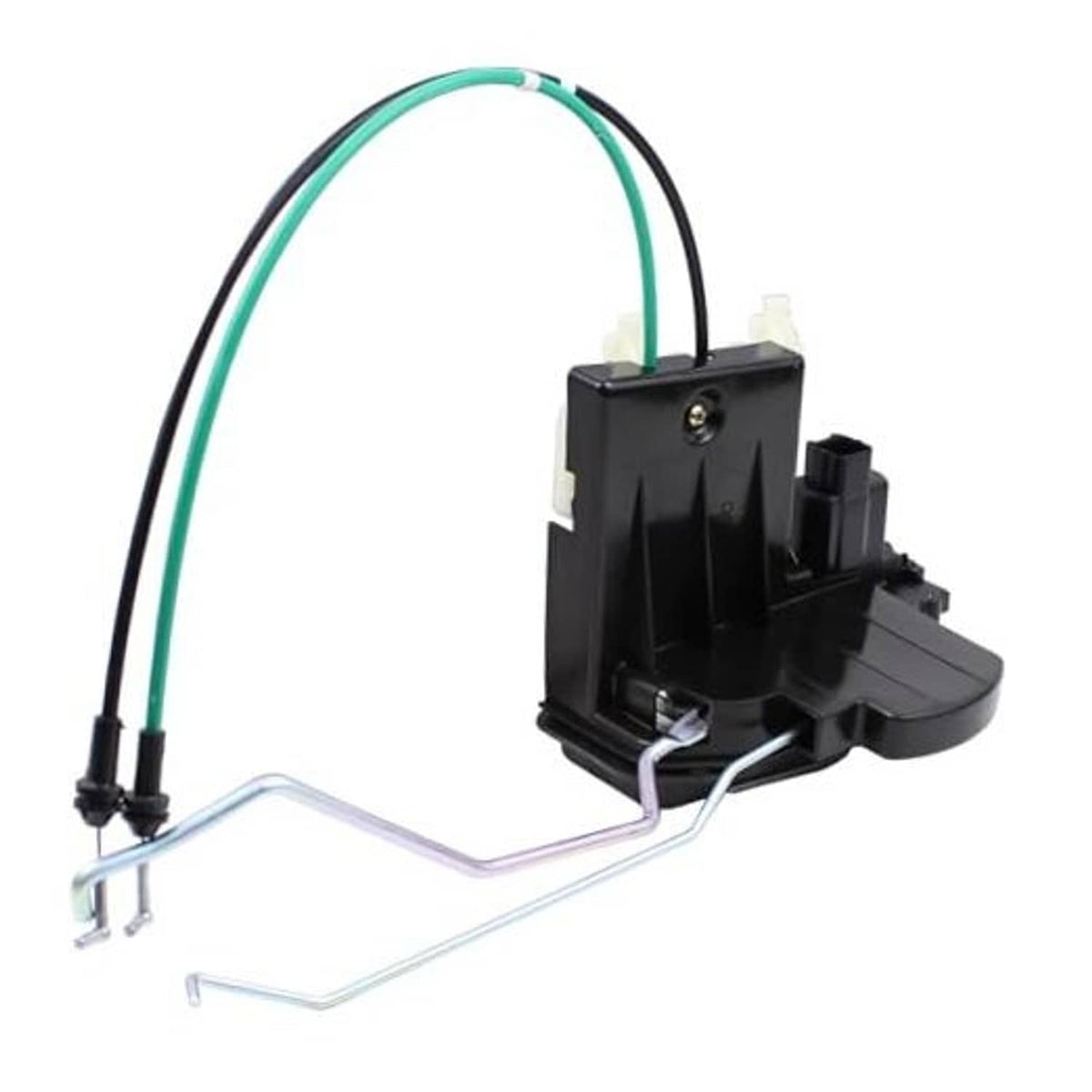 Door lock latch actuator with black housing, green/black wires, and metal linkage rod