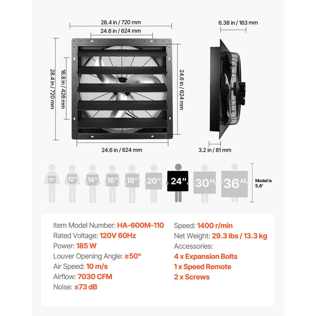 Wall-mount shutter exhaust fan dimensions and model specifications diagram