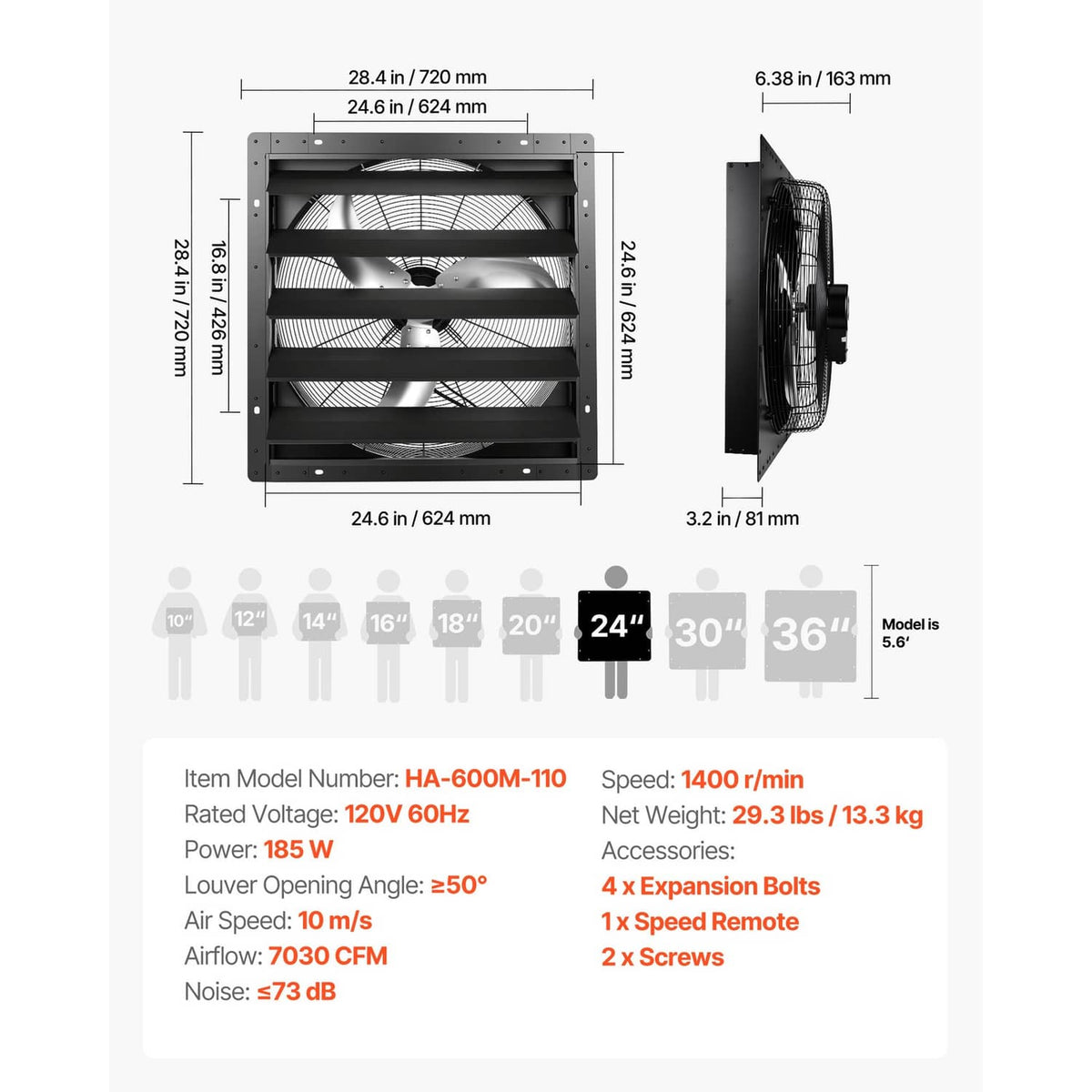 Wall-mount shutter exhaust fan dimensions and model specifications diagram