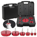 Plastic pipe fitting reamer kit with red cutters and black storage case