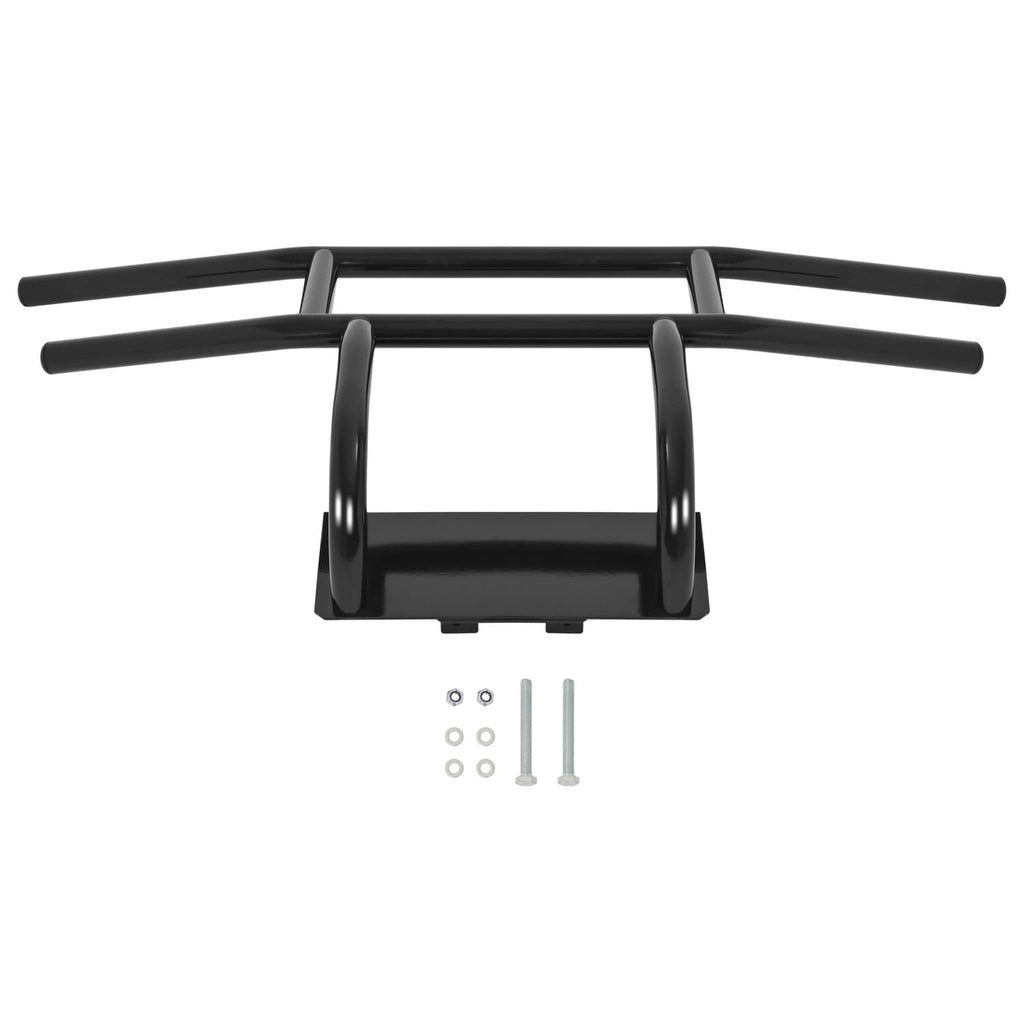 Black bumper brush guard with curved top and two upright brackets plus mounting hardware
