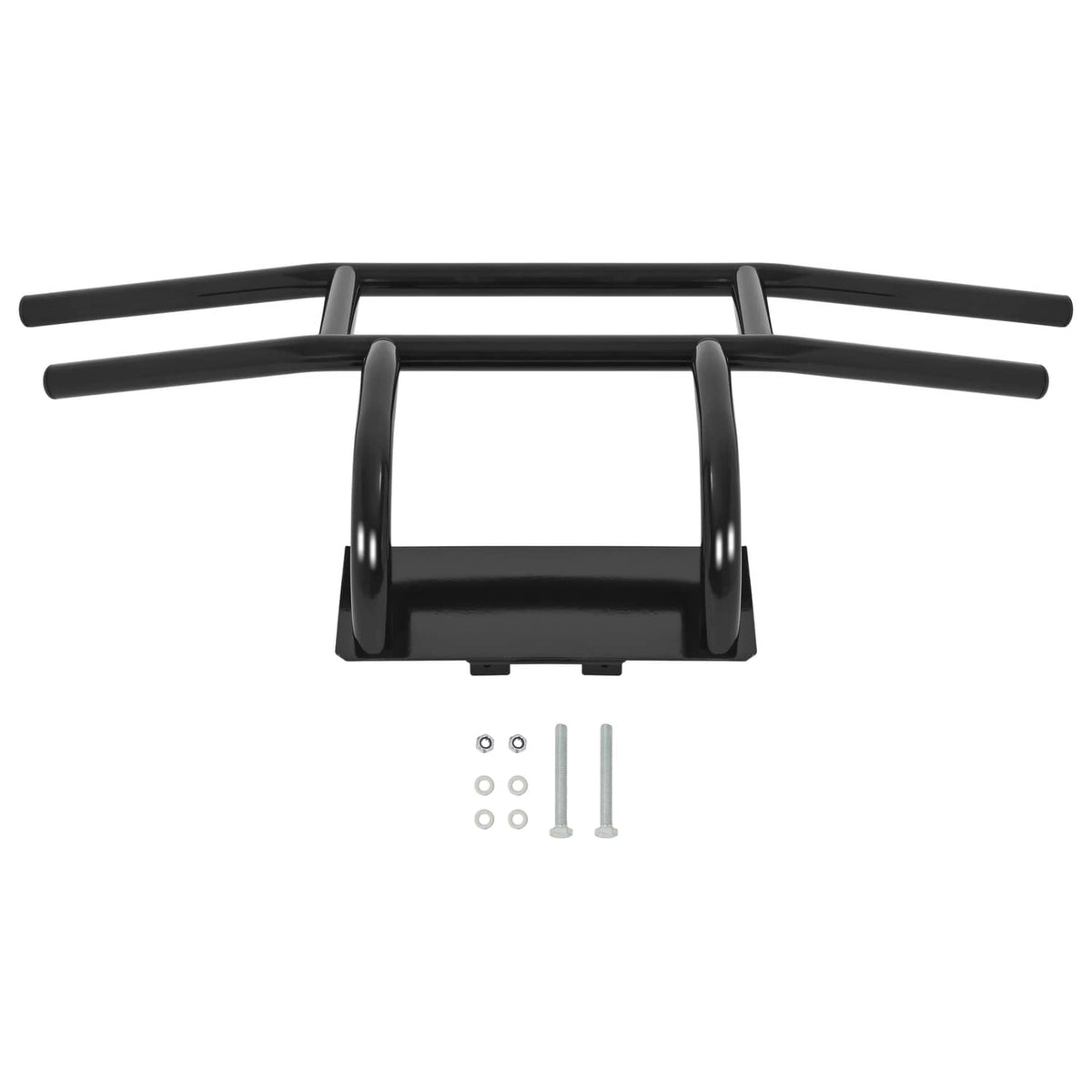 Black bumper brush guard with curved top and two upright brackets plus mounting hardware