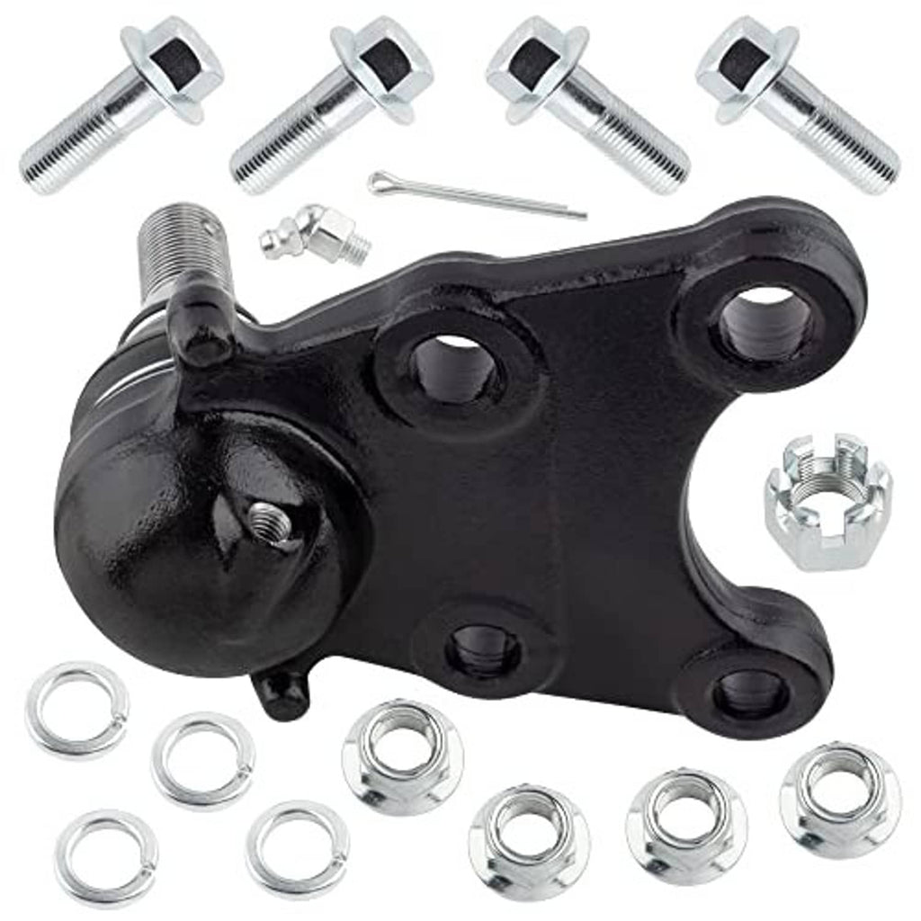 Front suspension ball joint with black rubber housing, metal stud, and mounting hardware set