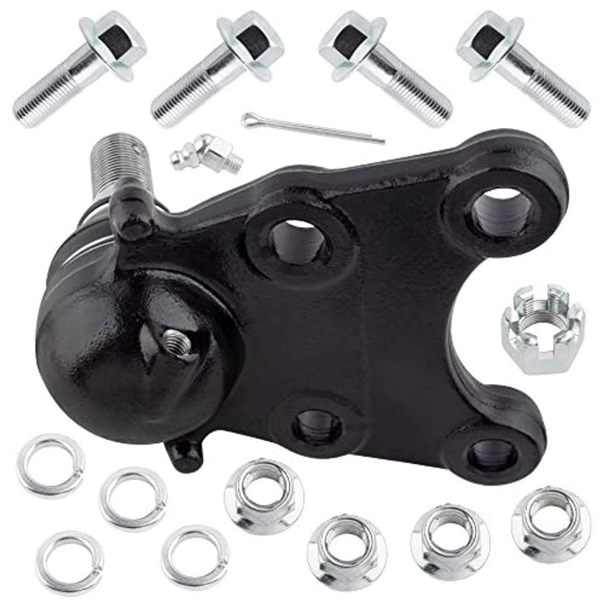 Front suspension ball joint with black rubber housing, metal stud, and mounting hardware set