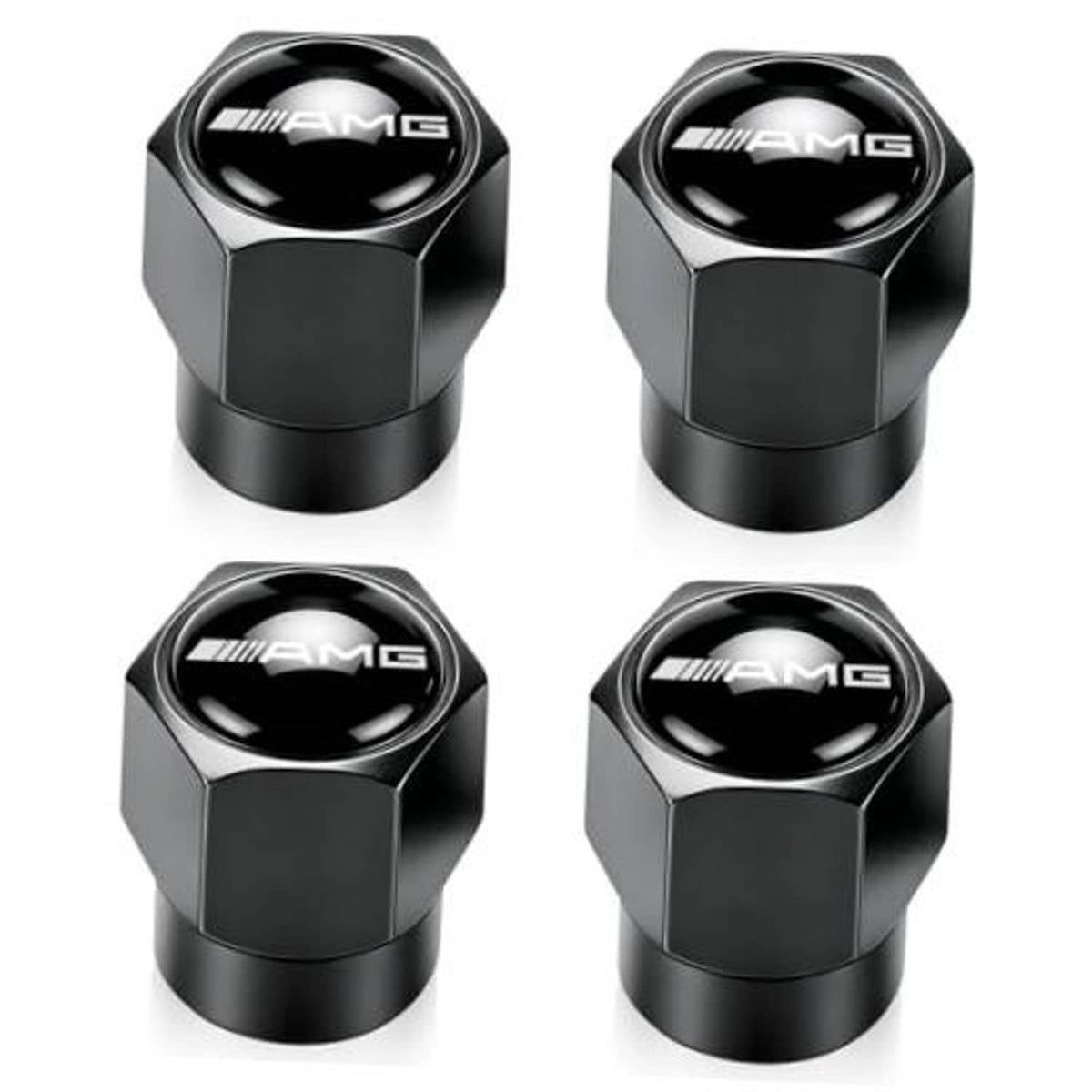 Black metal tire valve stem cap set with AMG logo, hexagonal top and rubber base