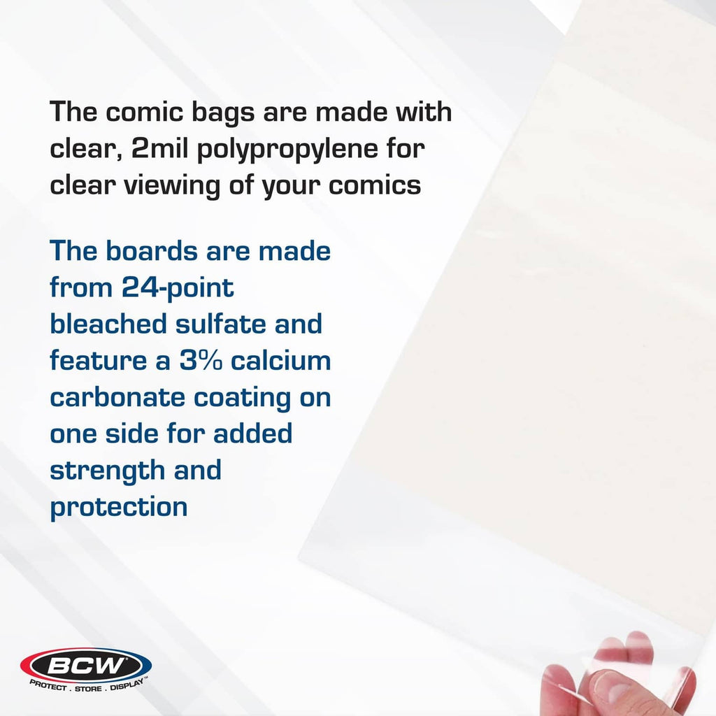 Clear 2 mil polypropylene comic bags with white boards for added protection