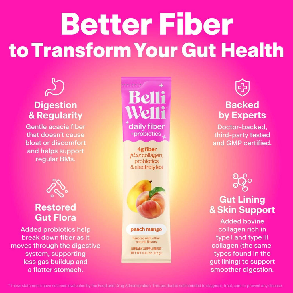 Peach mango daily fiber + probiotics supplement pack for digestion and gut support