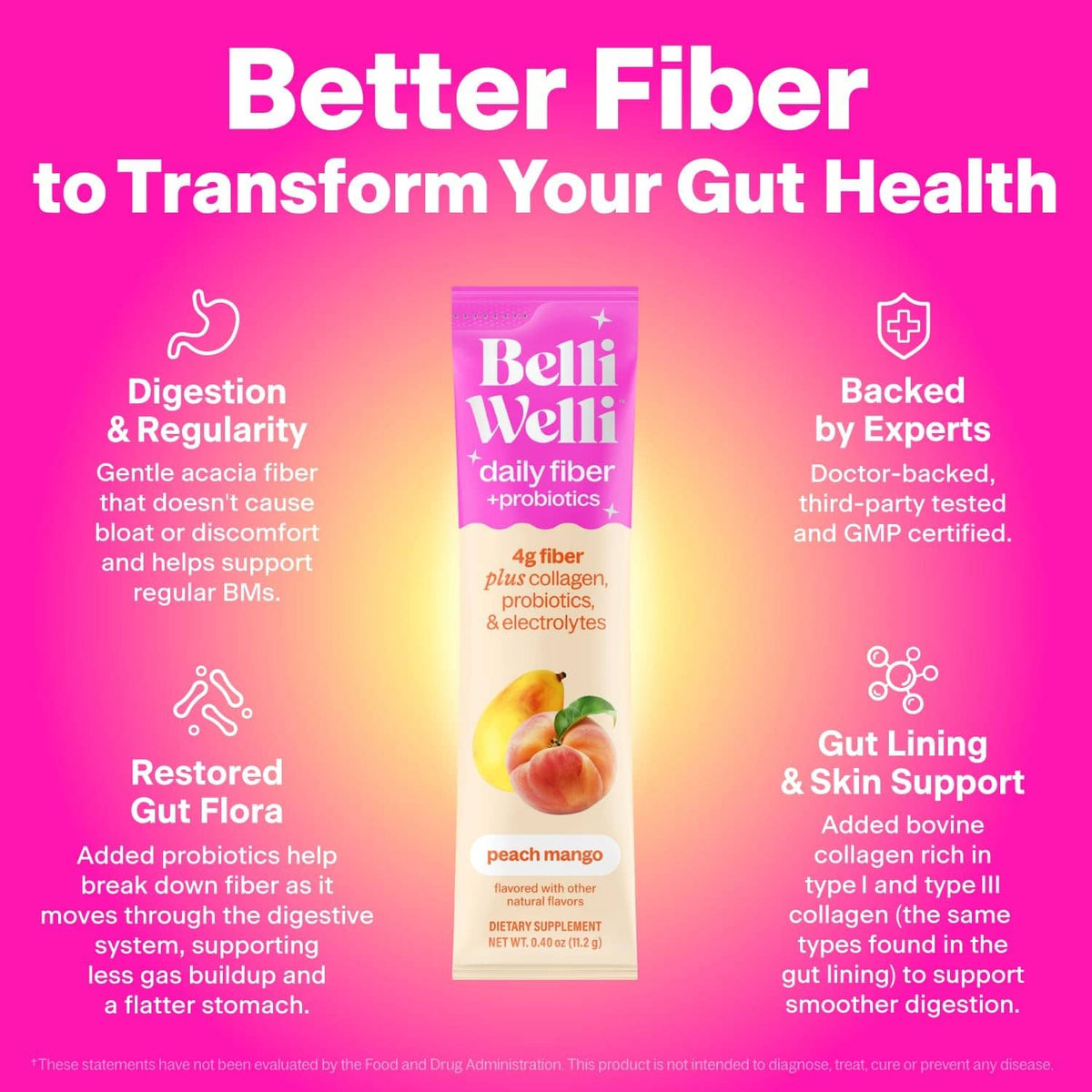 Peach mango daily fiber + probiotics supplement pack for digestion and gut support