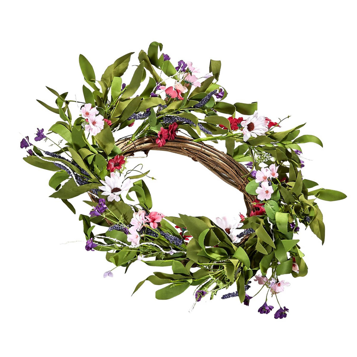 Artificial floral wreath with pink and white daisies, purple accents, green leaves on woven ring