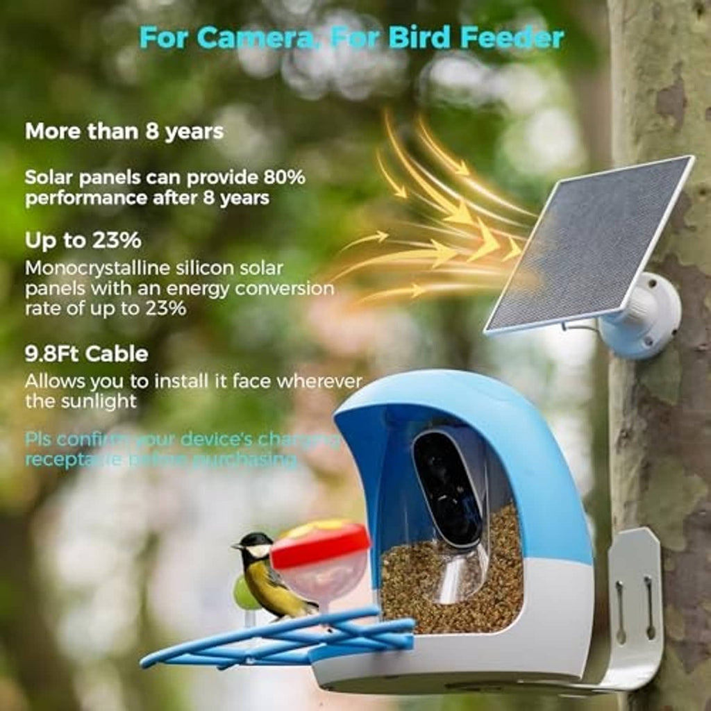 Black solar panel with white mounting base and cable for bird feeder or camera