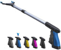 Telescoping grabber reacher tool with wide claw, blue grip handle, and black trigger