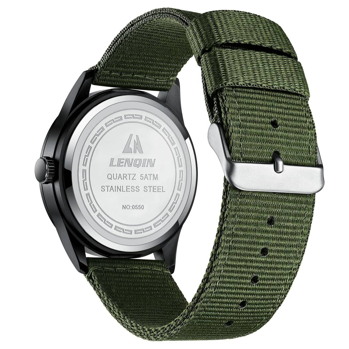Men's military sport watch case back with green nylon strap, round silver rear housing