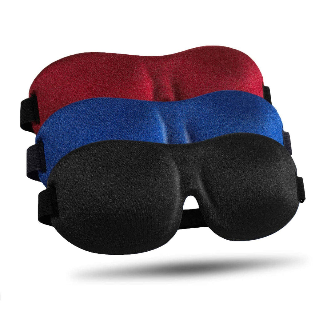 Set of three fabric sleep masks in black, blue, and red