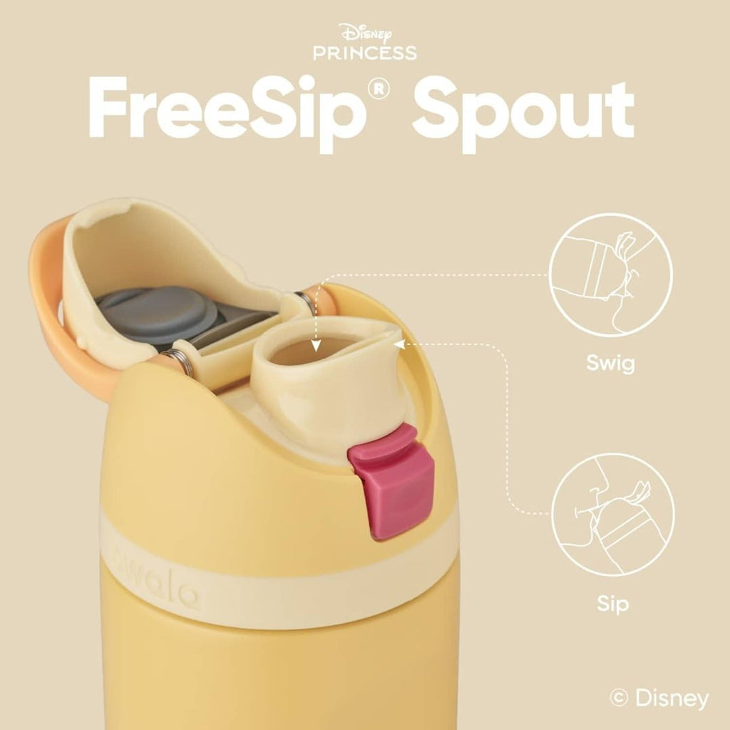 Yellow bottle with open FreeSip mouthpiece and spout cover