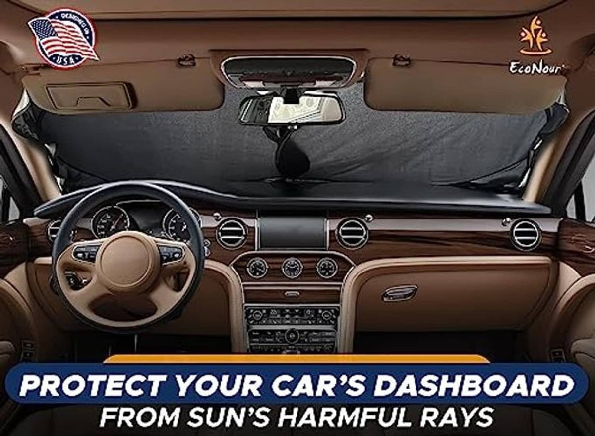 Front windshield sun shade installed inside car, fabric cover over the windshield opening
