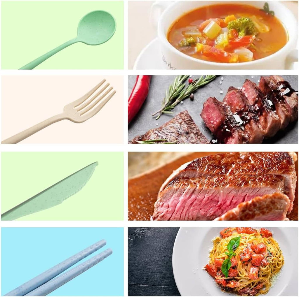 Reusable travel utensils close-up: spoon, fork, knife, and chopsticks in light blue and green