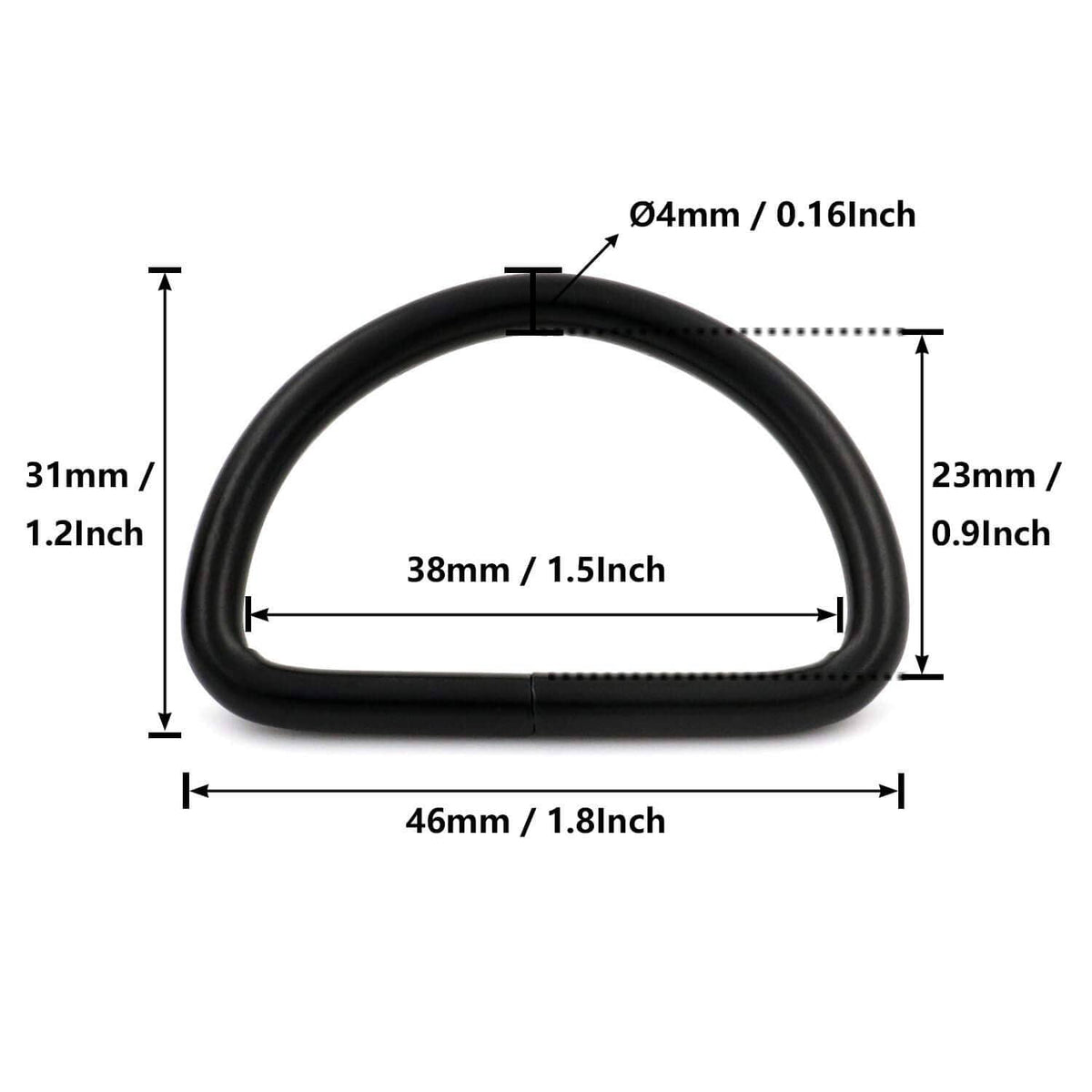Black non-welded D-ring buckle for 1.5in webbing, U-shaped metal loop