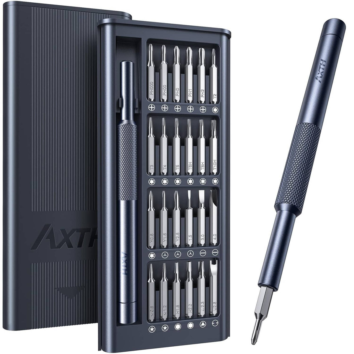 Magnetic precision screwdriver set with storage case and 25 bit tips, black
