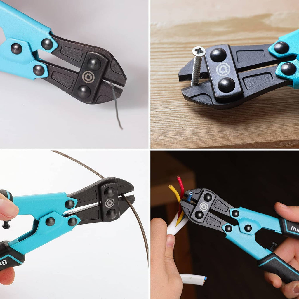 Mini bolt cutter close-up showing safety lock and anti-chipping screw on jaws