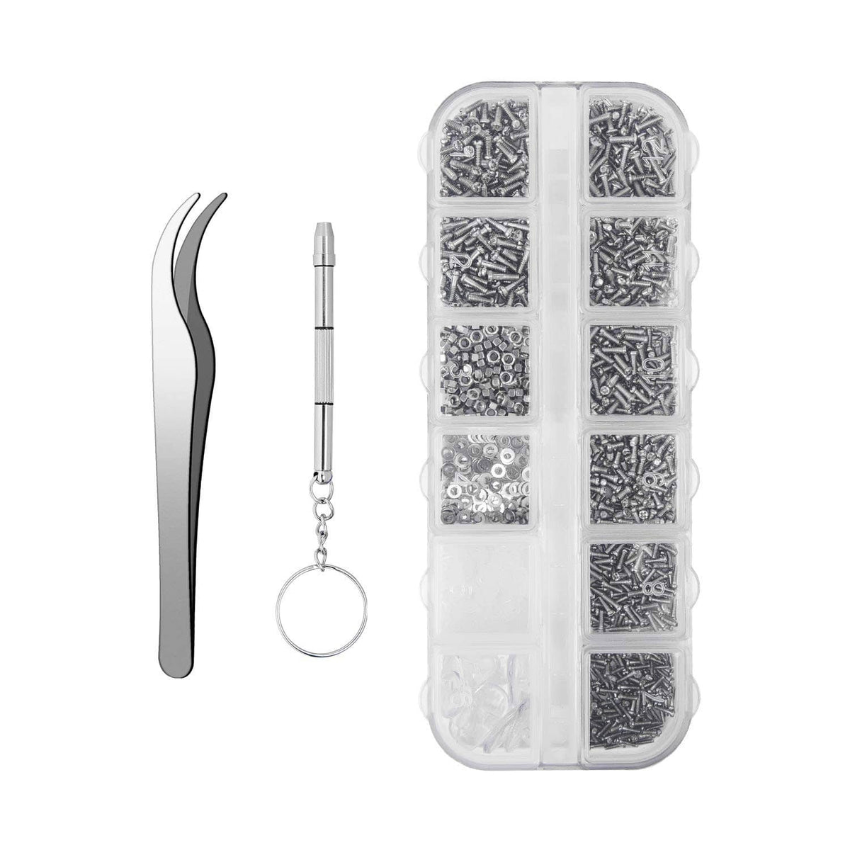 Eyeglasses repair kit case with tiny screws, tweezers, and screw tools accessories