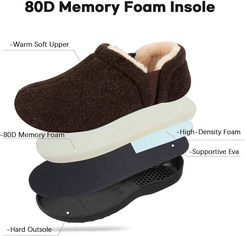 Brown slip-on slippers with 80D memory foam insole and beige plush lining