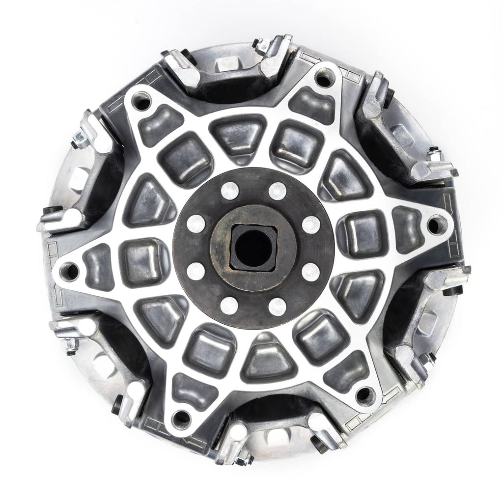 CVT primary drive clutch front plate with circular hub and machined alloy ring