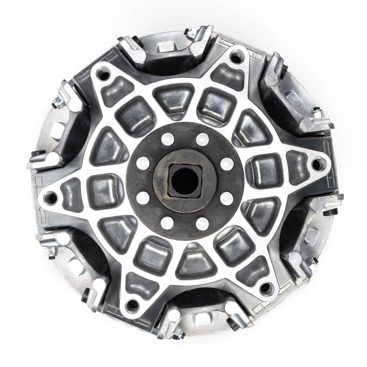 CVT primary drive clutch front plate with circular hub and machined alloy ring