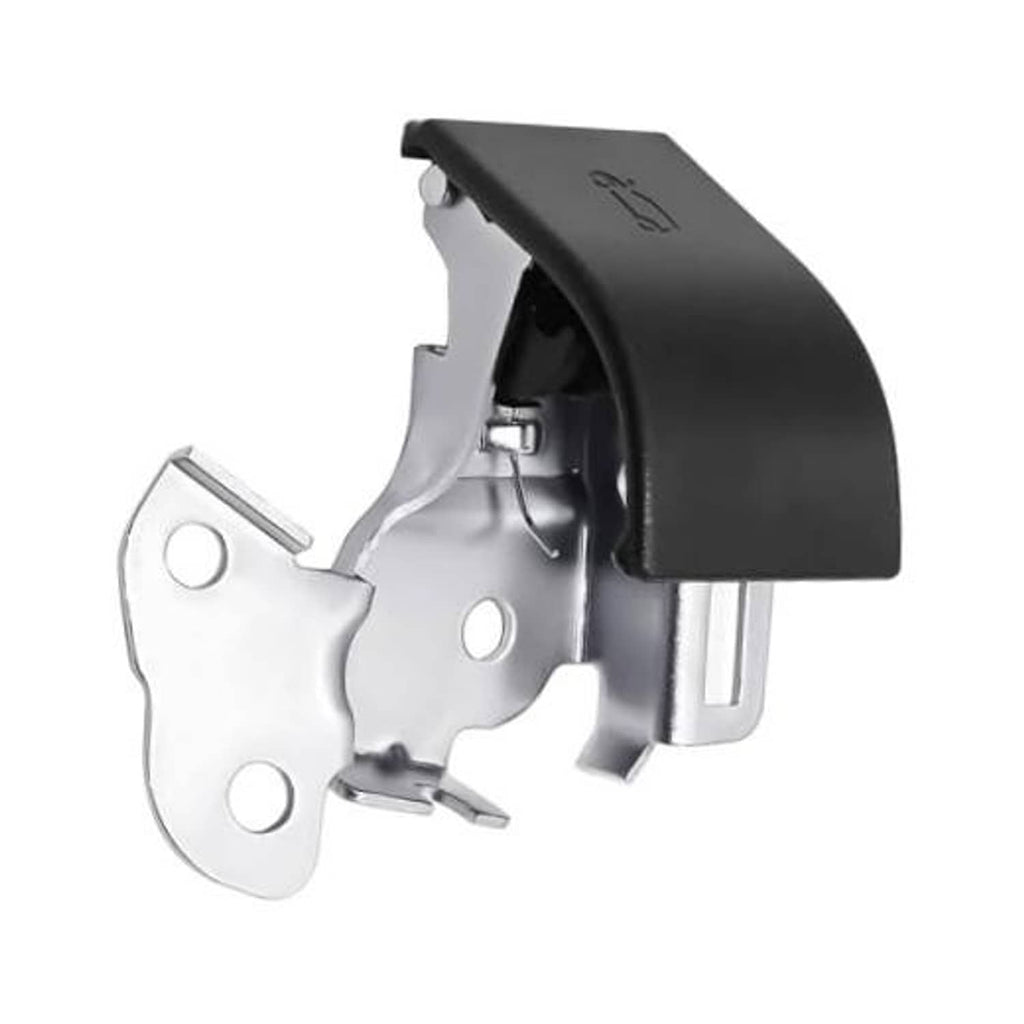 Hood latch lock actuator release handle with black cover and silver metal mounting plate