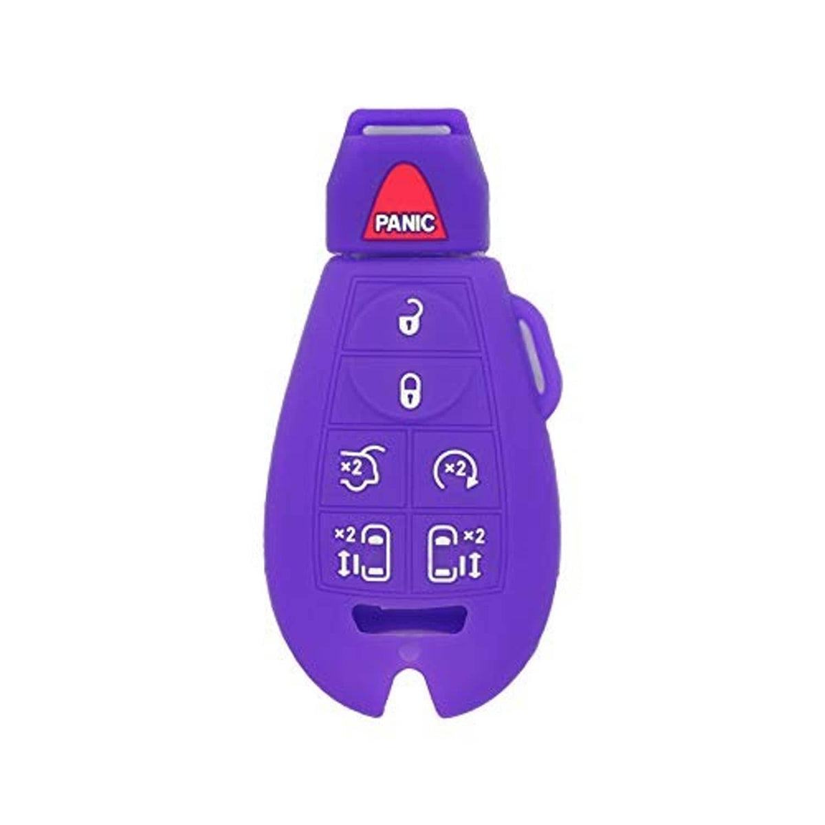 Deep purple silicone key fob cover with icon buttons, red top, and side hand strap