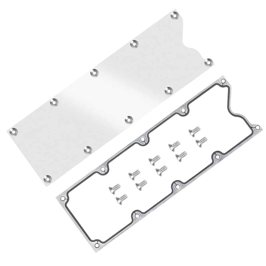 Metal cover plate with gasket and screws, shown with bolt holes along edges