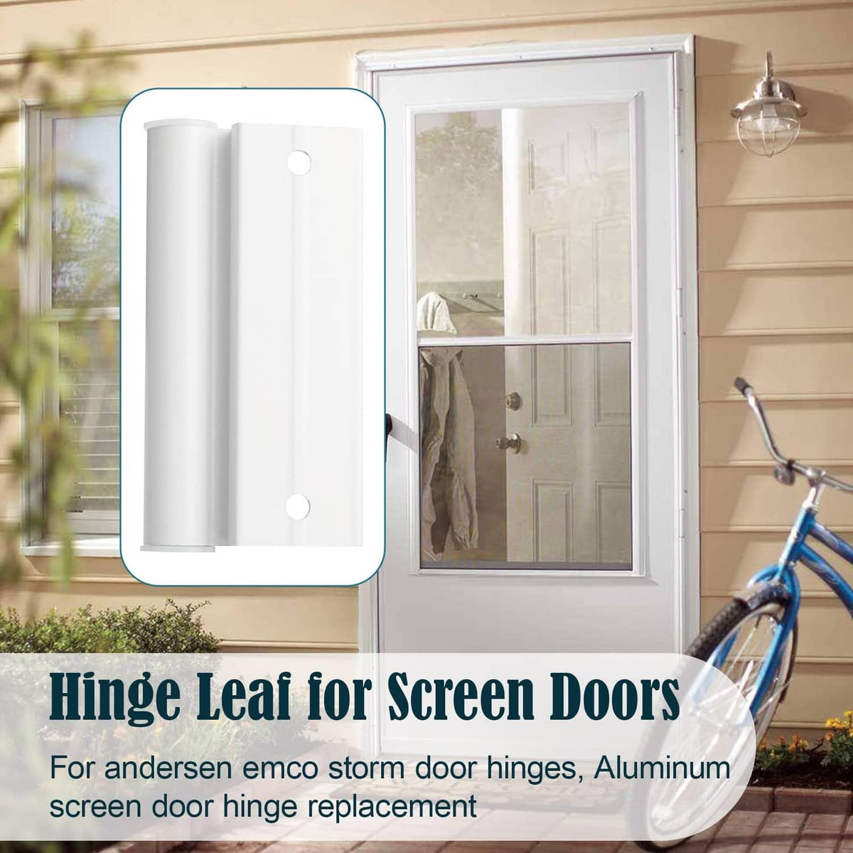 White screen door hinge leaf replacement shown on front door