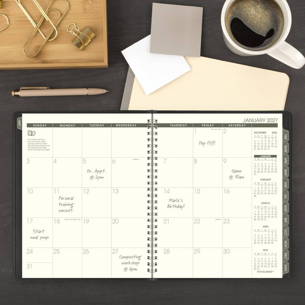 Tabbed monthly calendar planner open to January 2027 with grid day-of-week layout