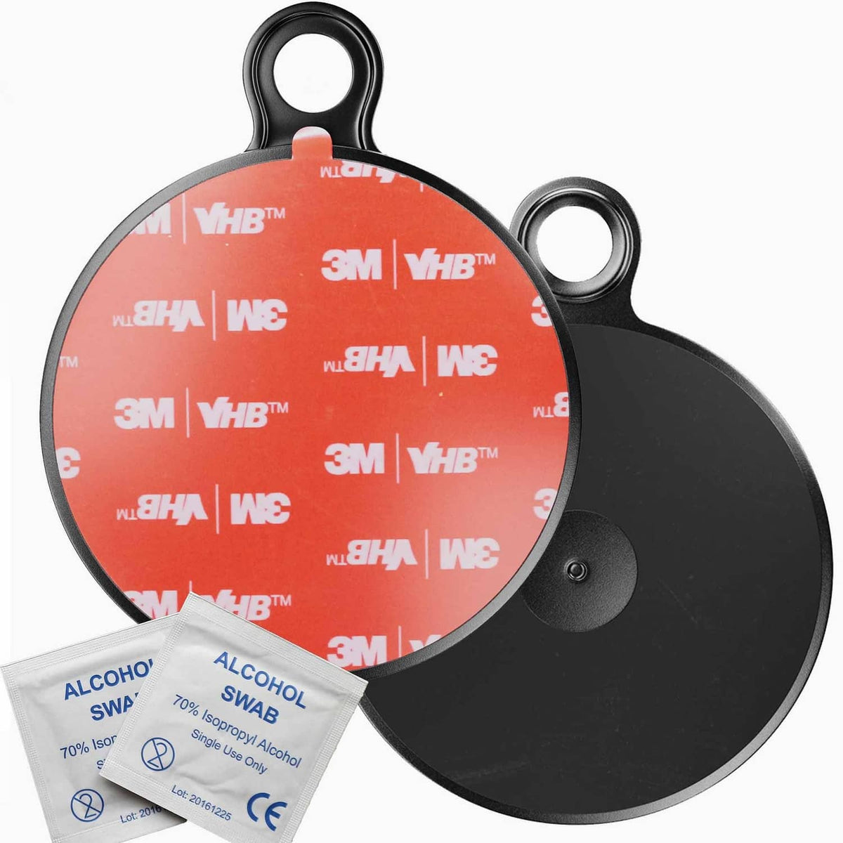 3M-branded red adhesive disk with black suction base, with loop handle on top.