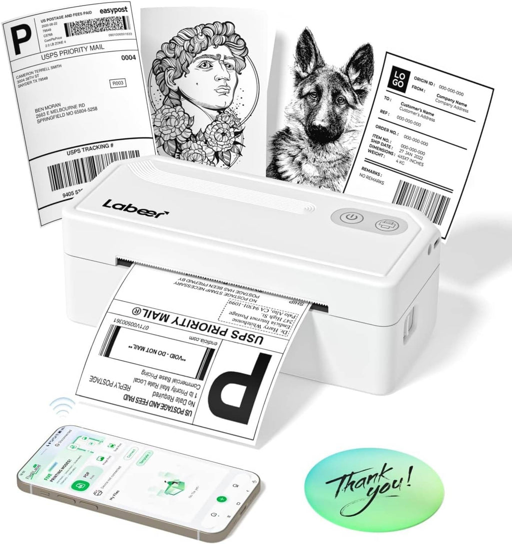 White Bluetooth thermal shipping label printer with front buttons and open label feed tray
