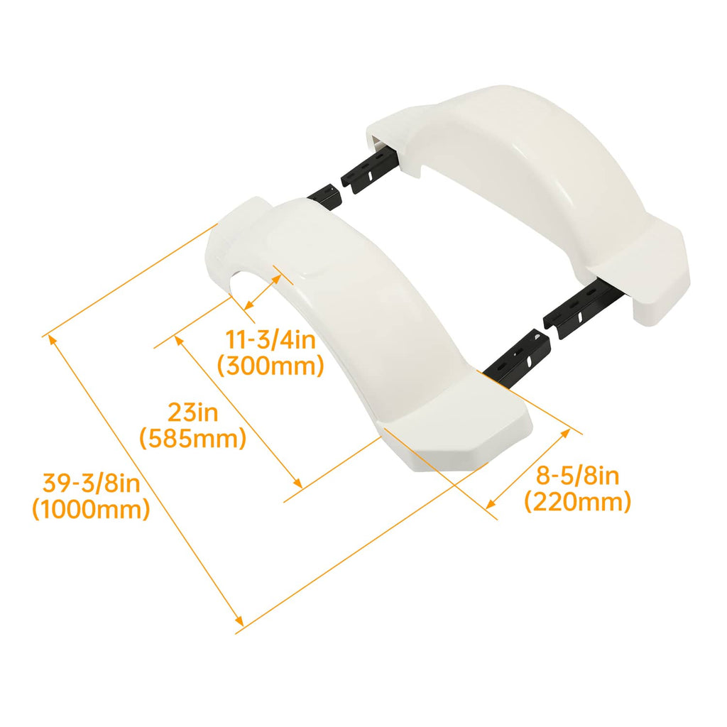 White HDPE trailer fenders with black mounting brackets, with size dimensions shown