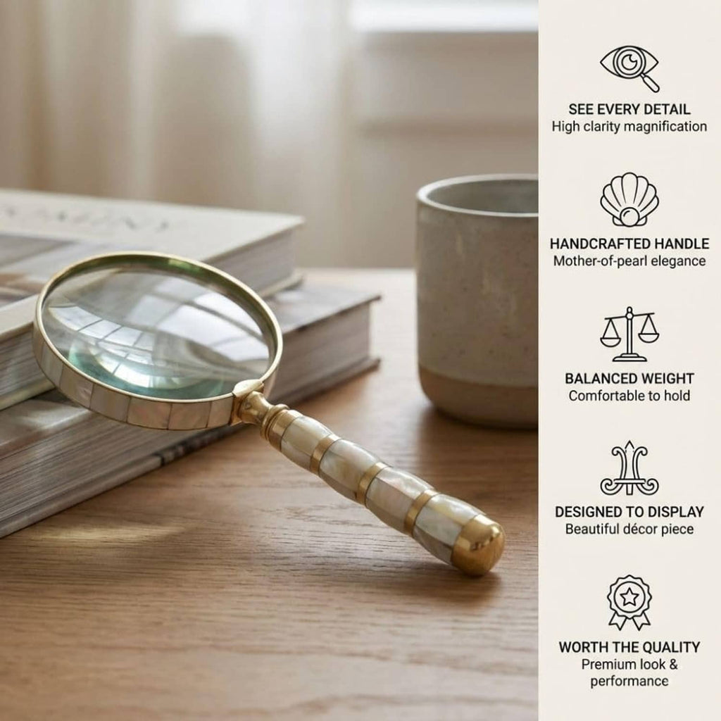 Decorative magnifying glass with mother-of-pearl handle and brass details, open view