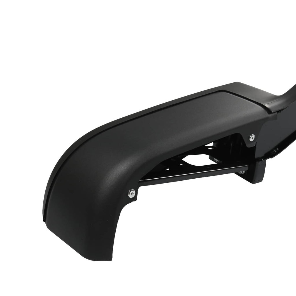 Black steel rear step bumper assembly with curved step and mounting bracket