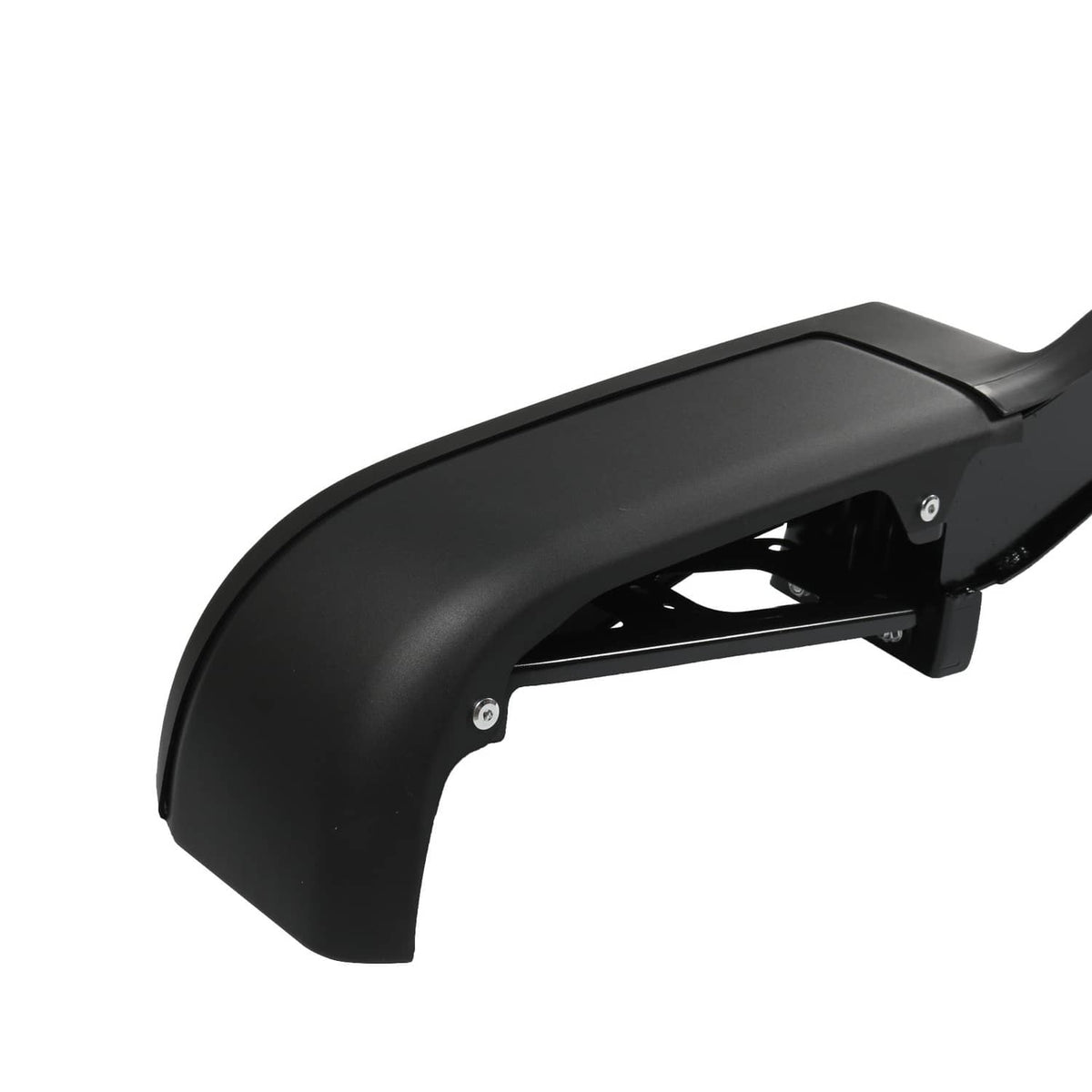 Black steel rear step bumper assembly with curved step and mounting bracket
