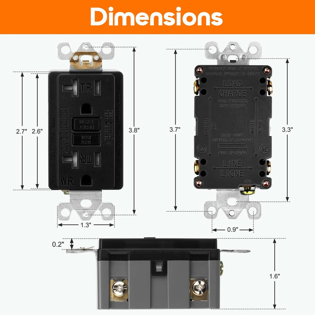 Black 20A GFCI outlet front and back views with mounting ears